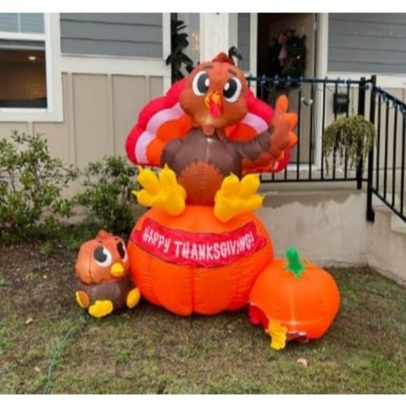 6 ft Thanksgiving Inflatable Turkey on Pumpkin & Little Turkey LED Lights